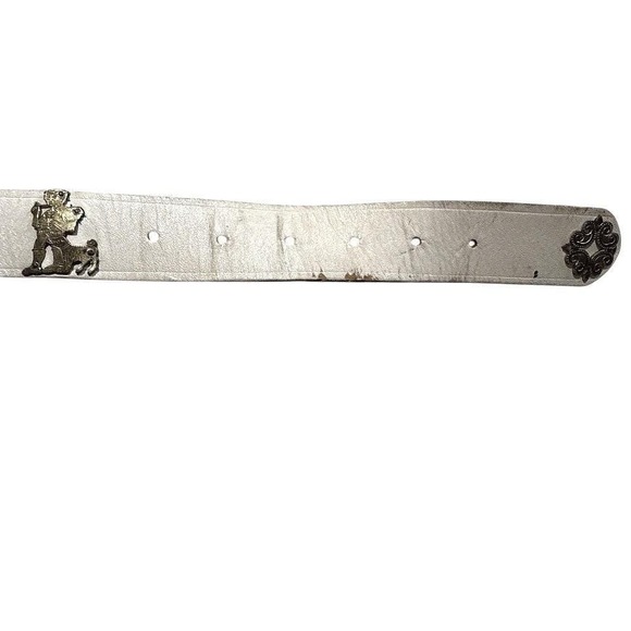 Vintage White Leather Belt Brass Cow Herder Swiss Folk Art Cottagecore 33 Inch main image 9
